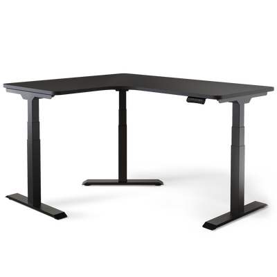 Ergonomischer Eck-Schreibtisch DESKSPACE CORNER mit Weißem Gestell und Schwarzer Tischplatte, L-förmig in der Frontalansicht freigestellt vor hellem Hintergrund