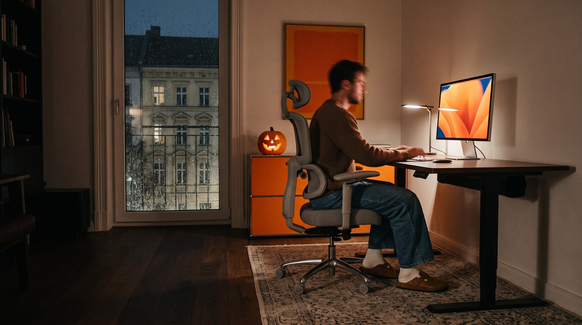 DESKSPACE in hoogte verstelbaar bureau en bureaustoel in een Halloween-setting bij nacht