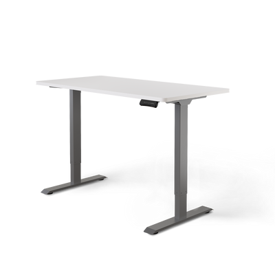 Elektrisch höhenverstellbarer Schreibtisch DESKSPACE PRO mit Grauem Gestell und Schwarzer Tischplatte 140 × 70 cm in der Frontalansicht freigestellt vor weißem Hintergrund